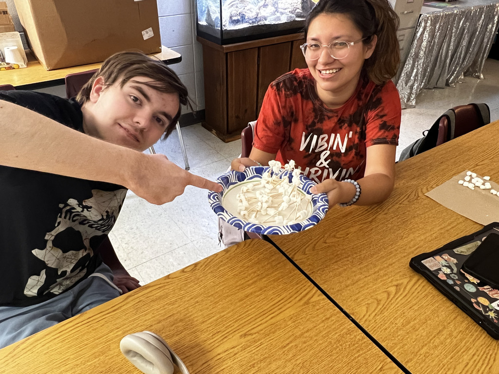 Students with a structure they built out of toothpicks and marshmallows