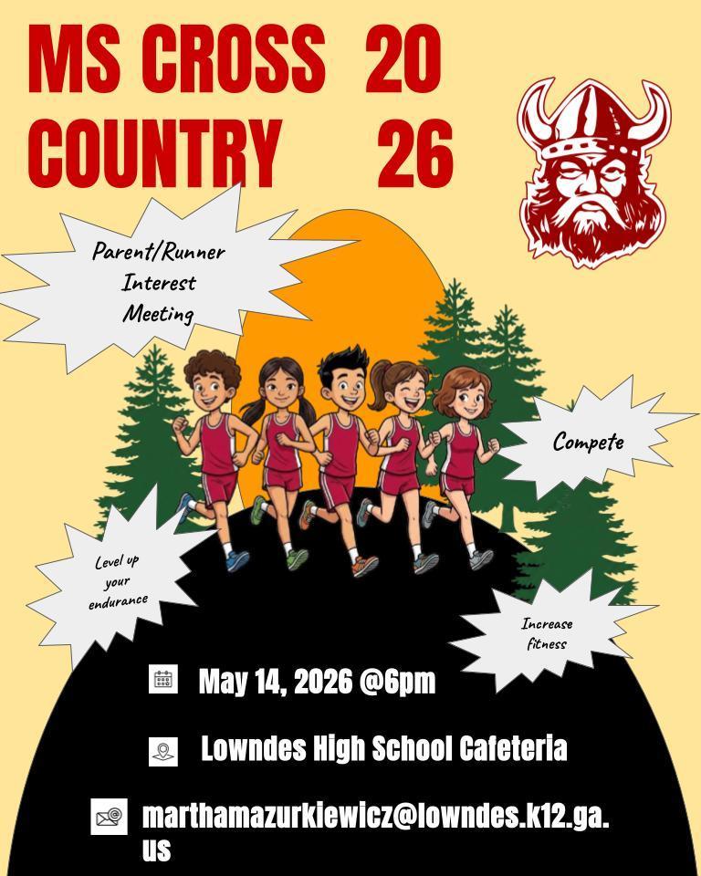Ready to run? 🏃‍♂️ Join Lowndes MS Cross Country for the 2026 season! Build endurance, compete, and have fun with the team. Parent/Runner Interest Meeting on May 14 at 6pm!