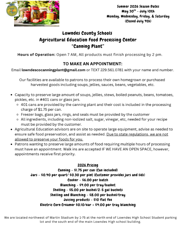 Canning Plant flier with hours, prices and requirements