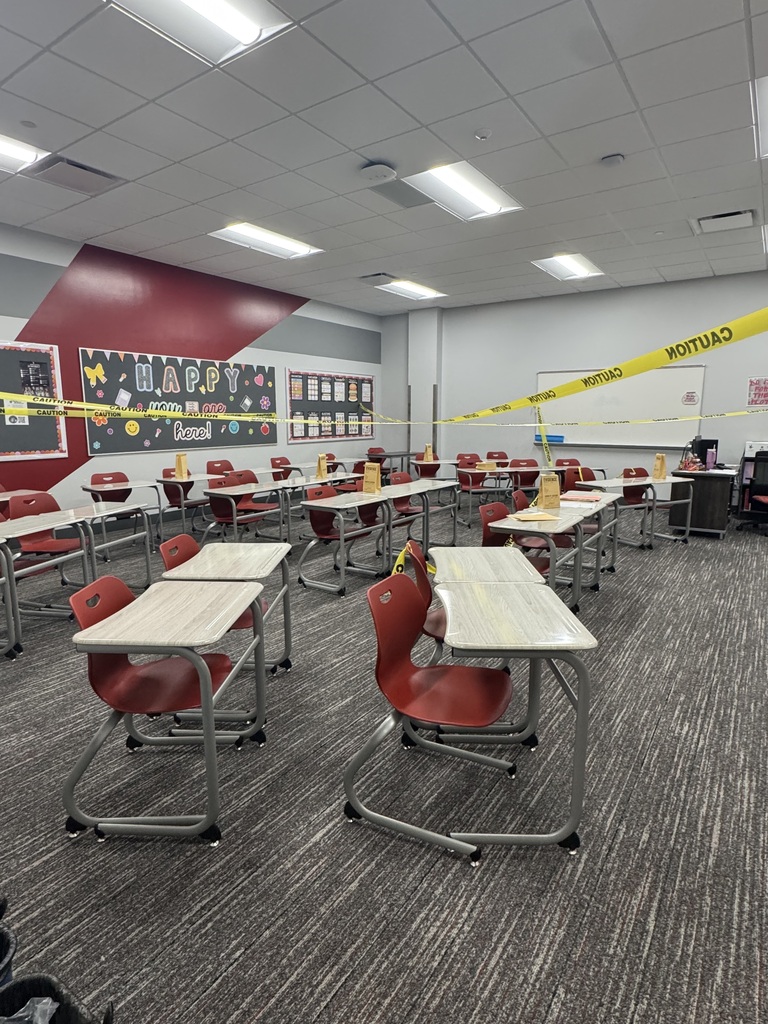 Crime scene tape set up in classroom