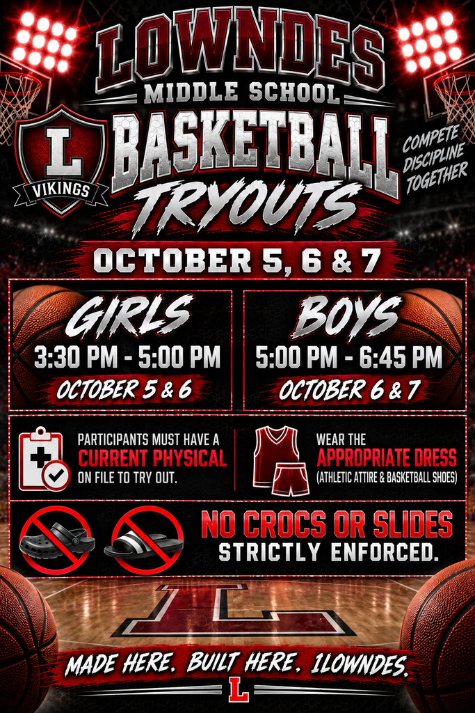 Ready to bring your game? LMS Basketball tryouts are right around the corner! 📅 Dates & Times: Girls: October 5 & 6 | 3:30 PM – 5:00 PM Boys: October 6 & 7 | 5:00 PM – 6:45 PM ⚠️ Important Requirements: Physical: Participants MUST have a current physical on file to try out. Attire: Wear appropriate athletic dress and basketball shoes. Footwear Policy: NO crocs or slides — strictly enforced!