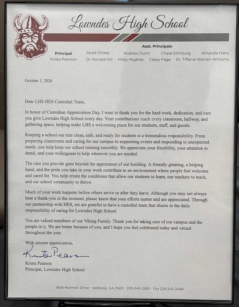 Letter of appreciation from the Principal