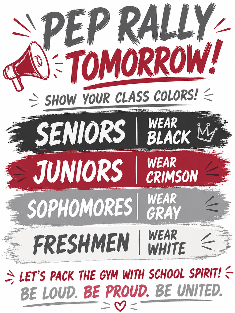 Pep Rally Tomorrow! Show your class colors: Seniors-Black, Juniors-Crimson, Sophomores-Gray, Freshmen-White