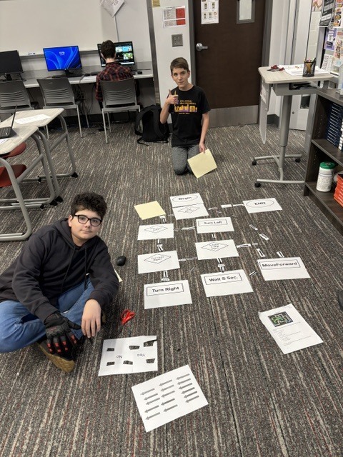 Students analyzing algorithms and flow charting