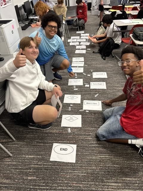 Students analyzing algorithms and flow charting