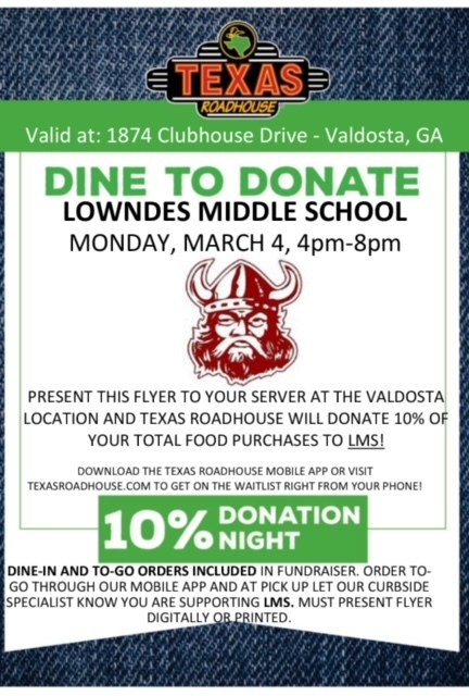 Why not skip the kitchen and join us for dinner at Texas Roadhouse? Just mention you're from LMS, and your meal will contribute to supporting our school!