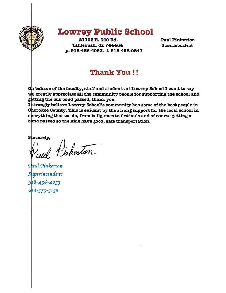 Lowrey School Bus Bond Appreciation Letter