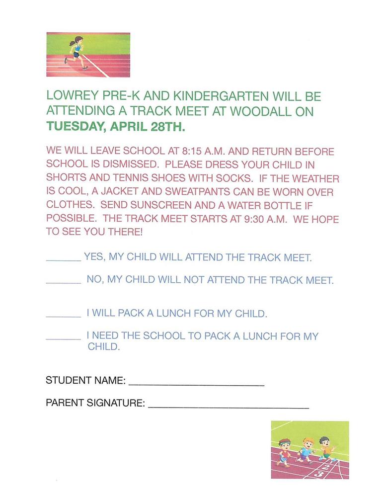 PK & KDG Track meet @ Woodall, Permission slip.
