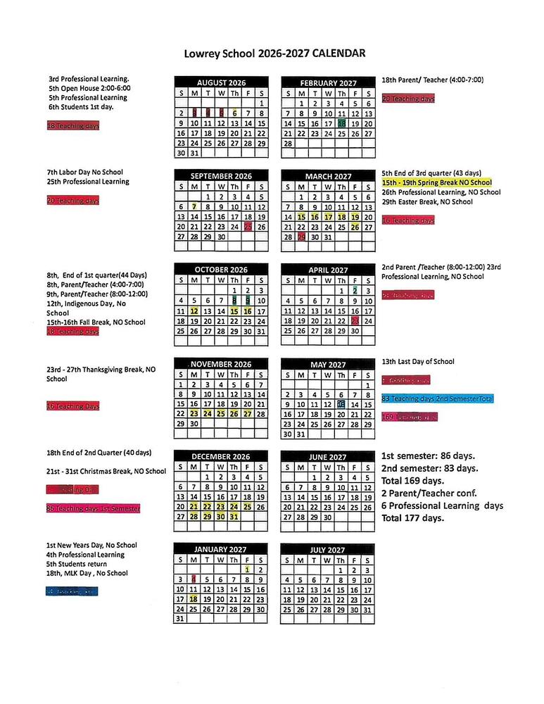 Lowrey School 2026-27 School Calendar