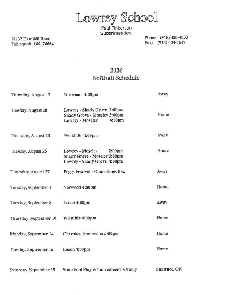 2026-27 Lowrey Girls Softball Schedule