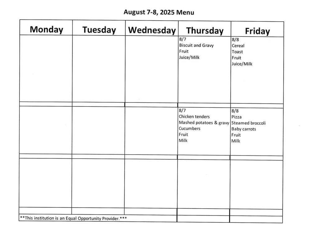 August 7-8, 2025 Menu