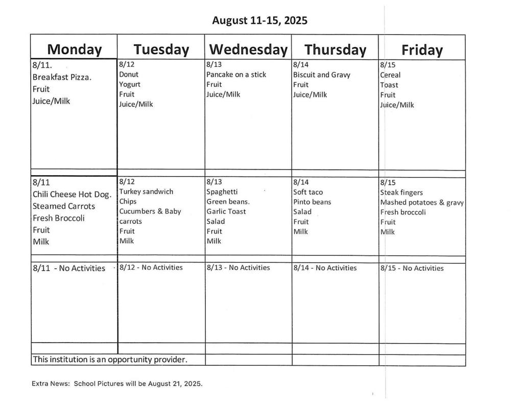 August 11-15, 2025 Menu