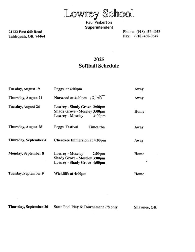 2025-26 Softball Schedule