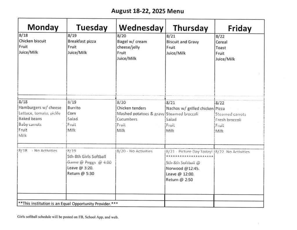 August 18-22, 2025 Menu
