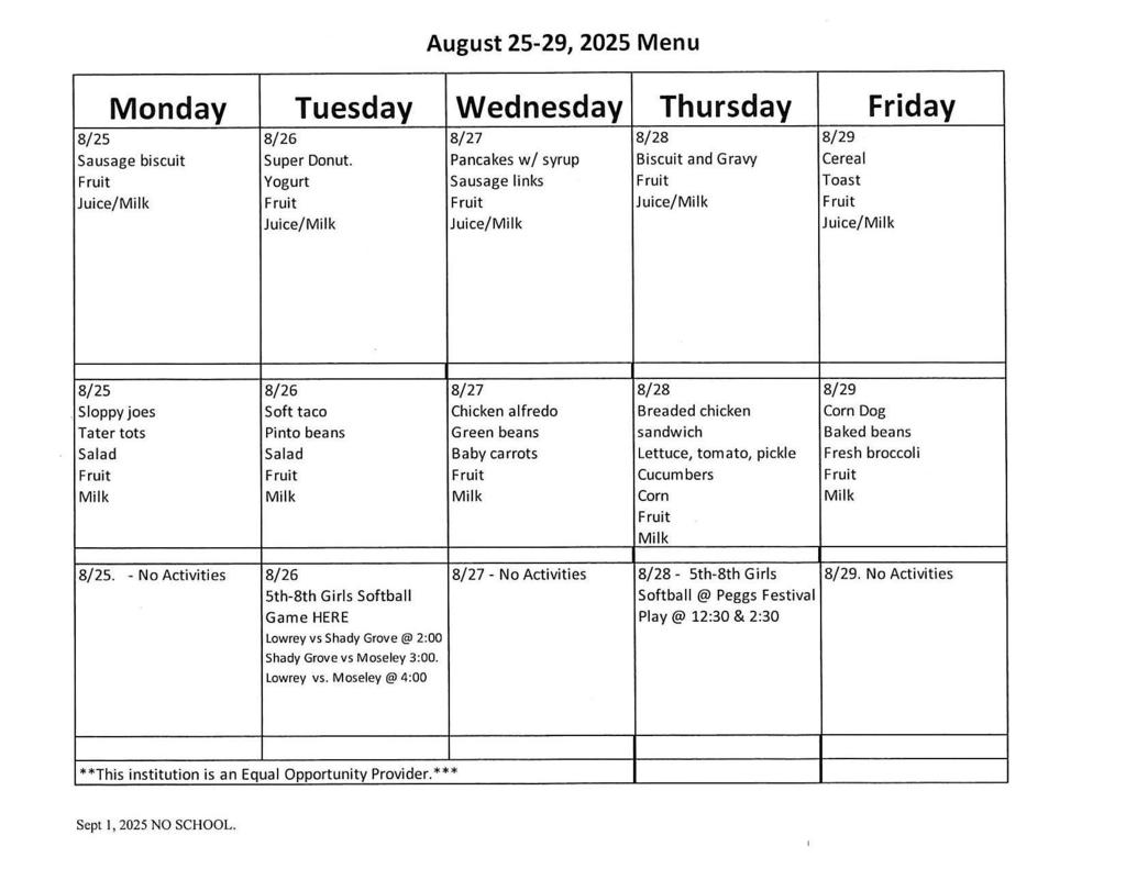 Aug 25-29 Menu