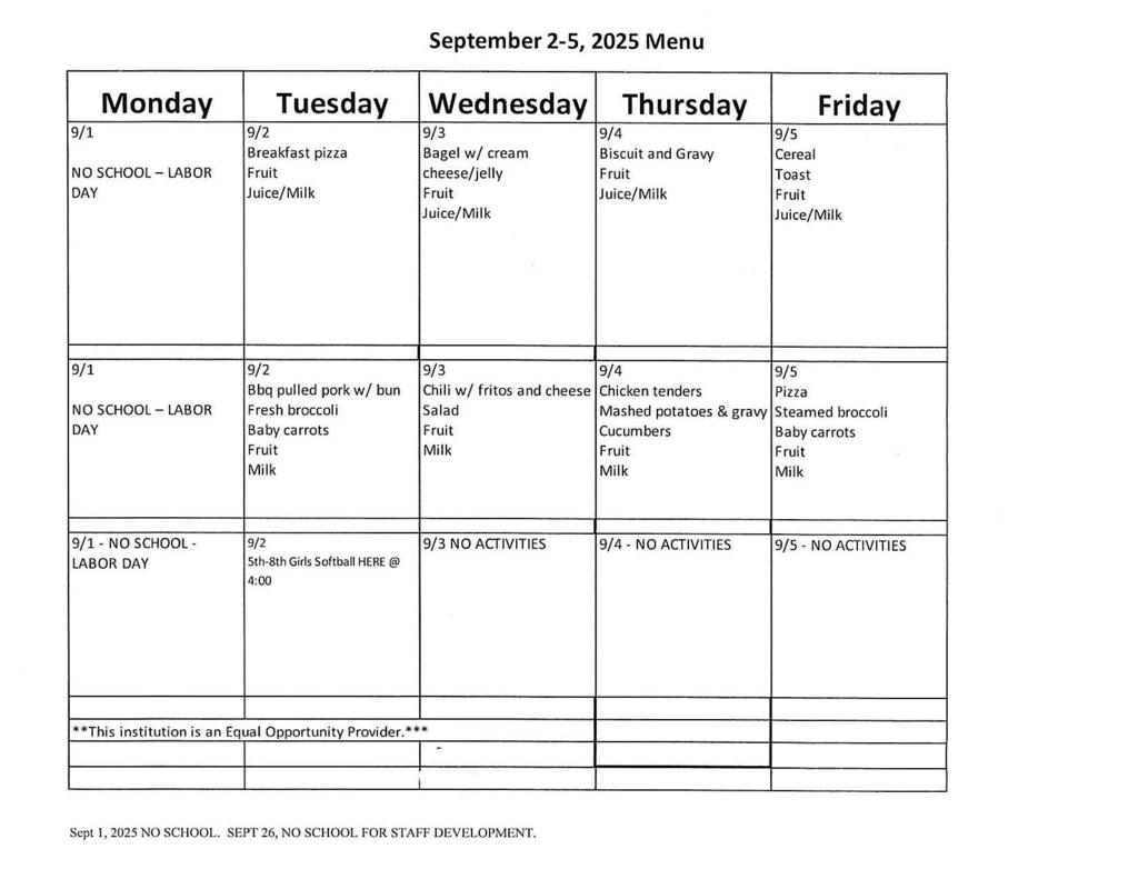 Sept 1-5 Menu