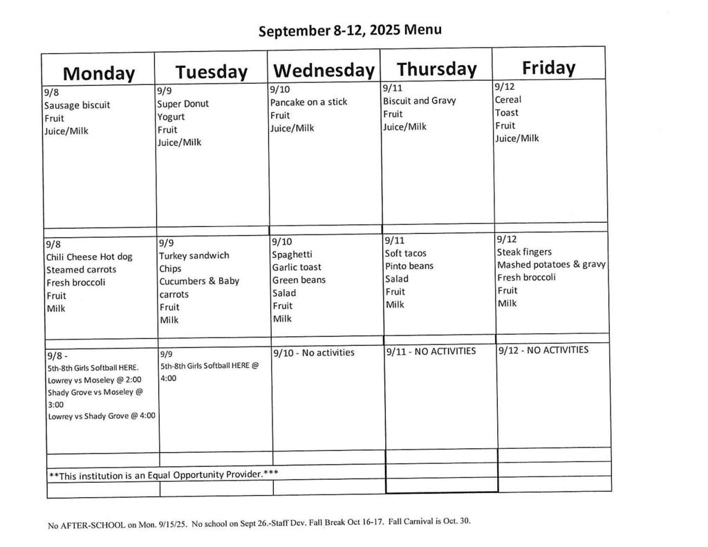 Sept 15-19, 2025 Menu