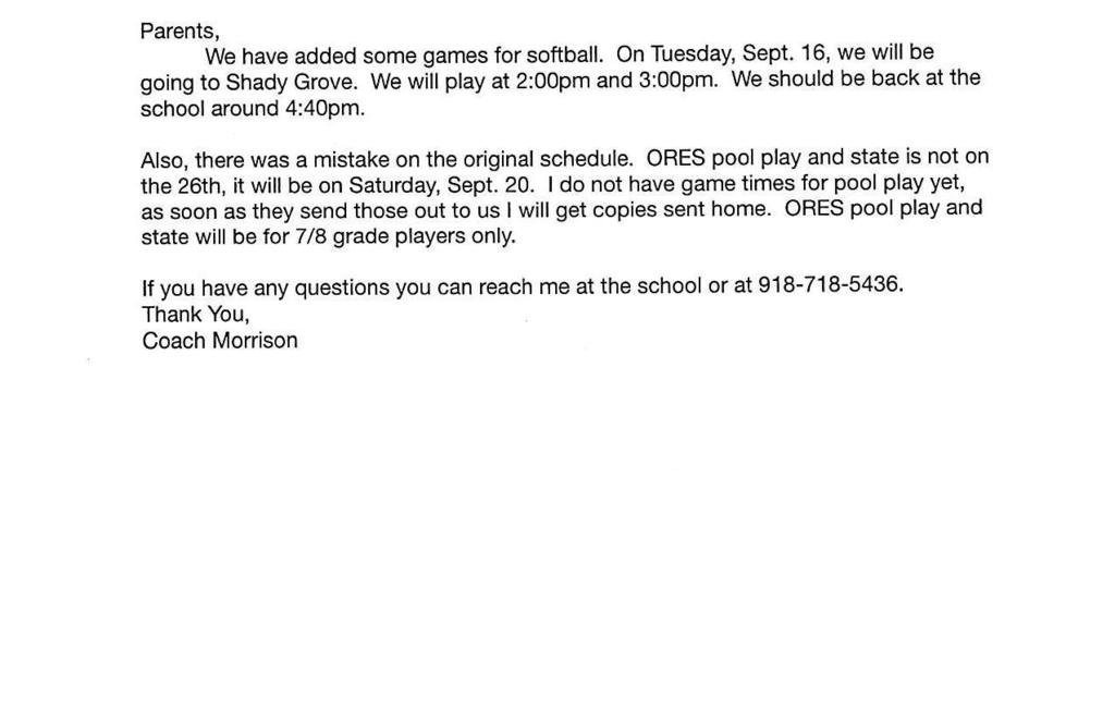 Softball games 9/16 & 9/20