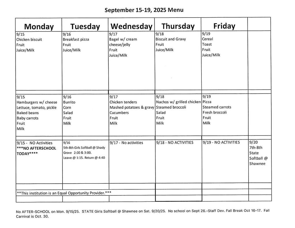 Sept 15-19, 2025 Menu