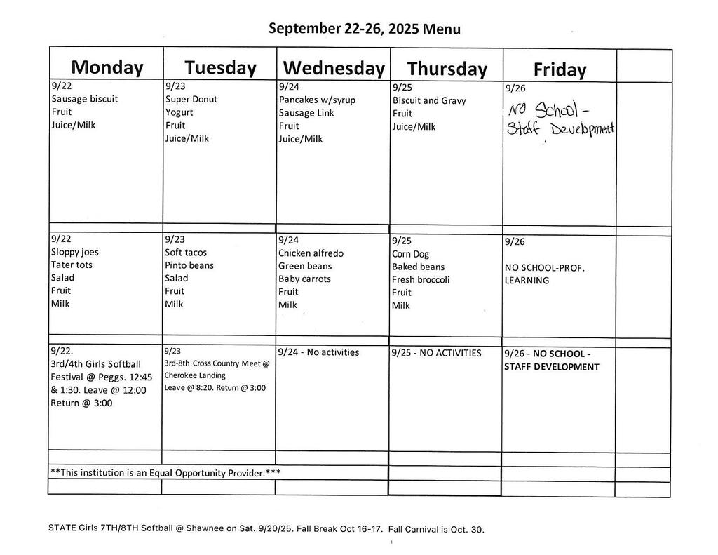 Sept 22-26 Menu