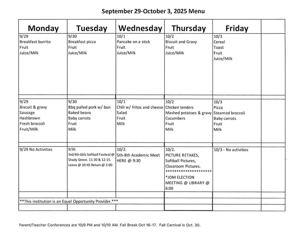 Sept 29-Oct 3 Menu