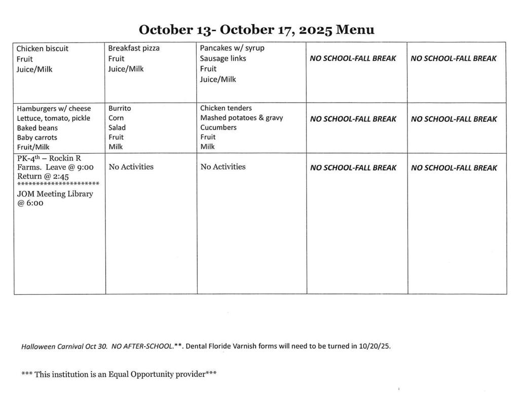 Oct 13-17, 2025 Menu