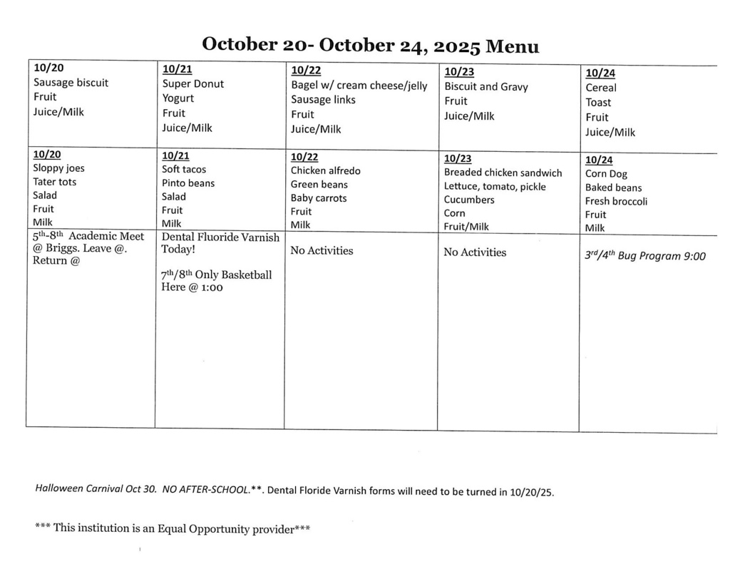Menu Oct 20-24, 2025