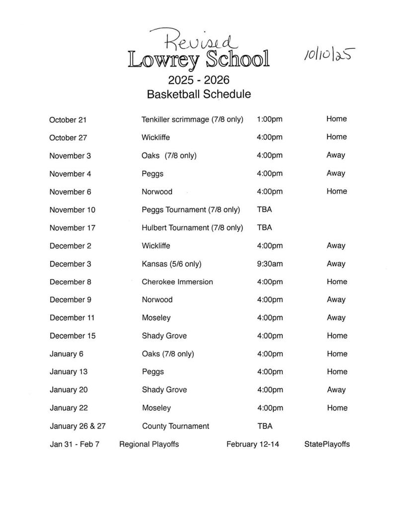 Revised Basketball Schedule