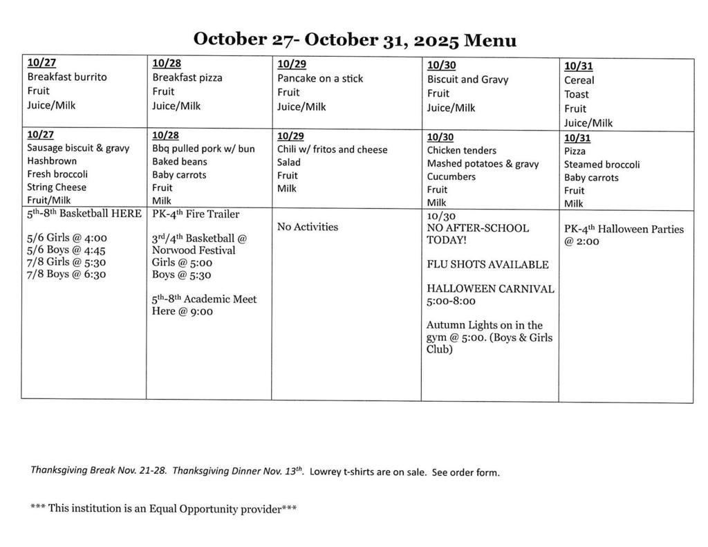 Oct 27-31 Menu
