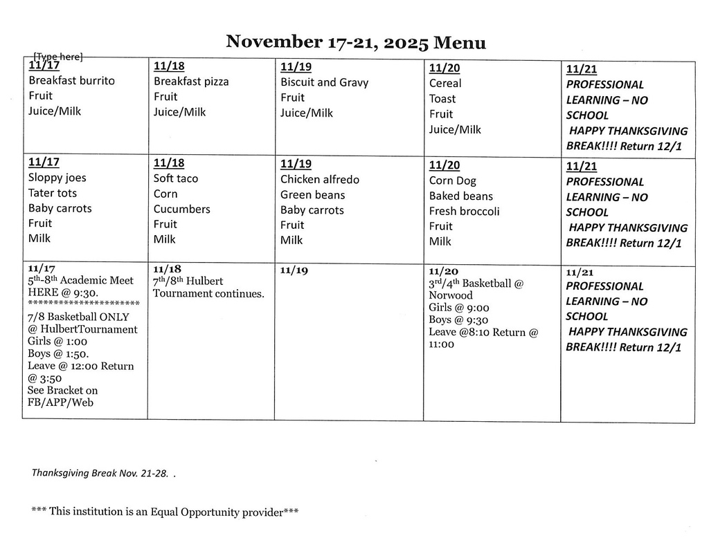 Nov 17-21, 2025 Menu