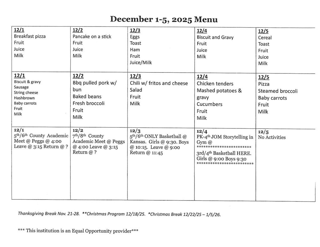 December 2-5, 2025 Menu