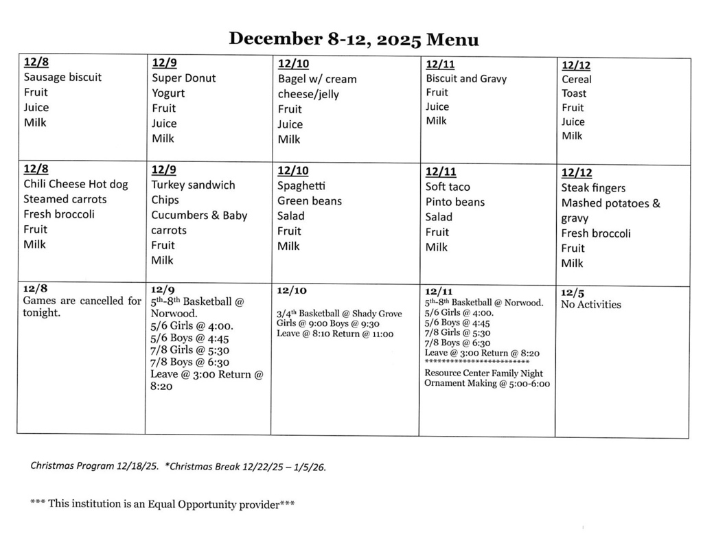 Dec 8-12 Menu