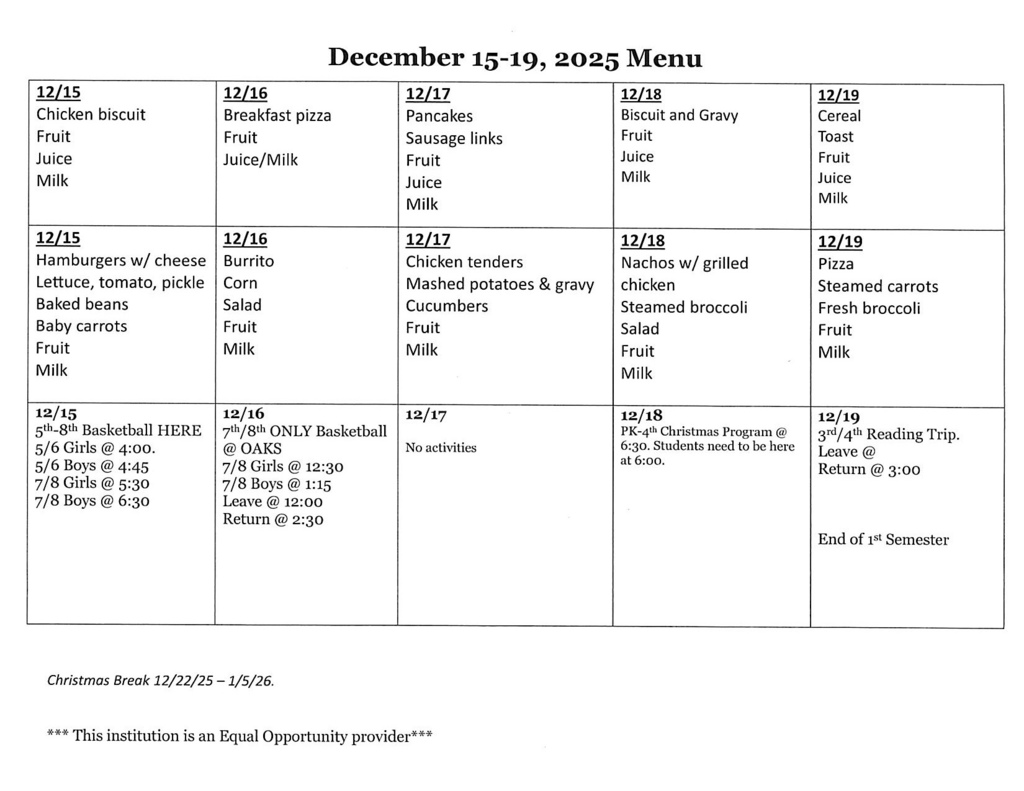 Dec 15-19, 2025 Menu