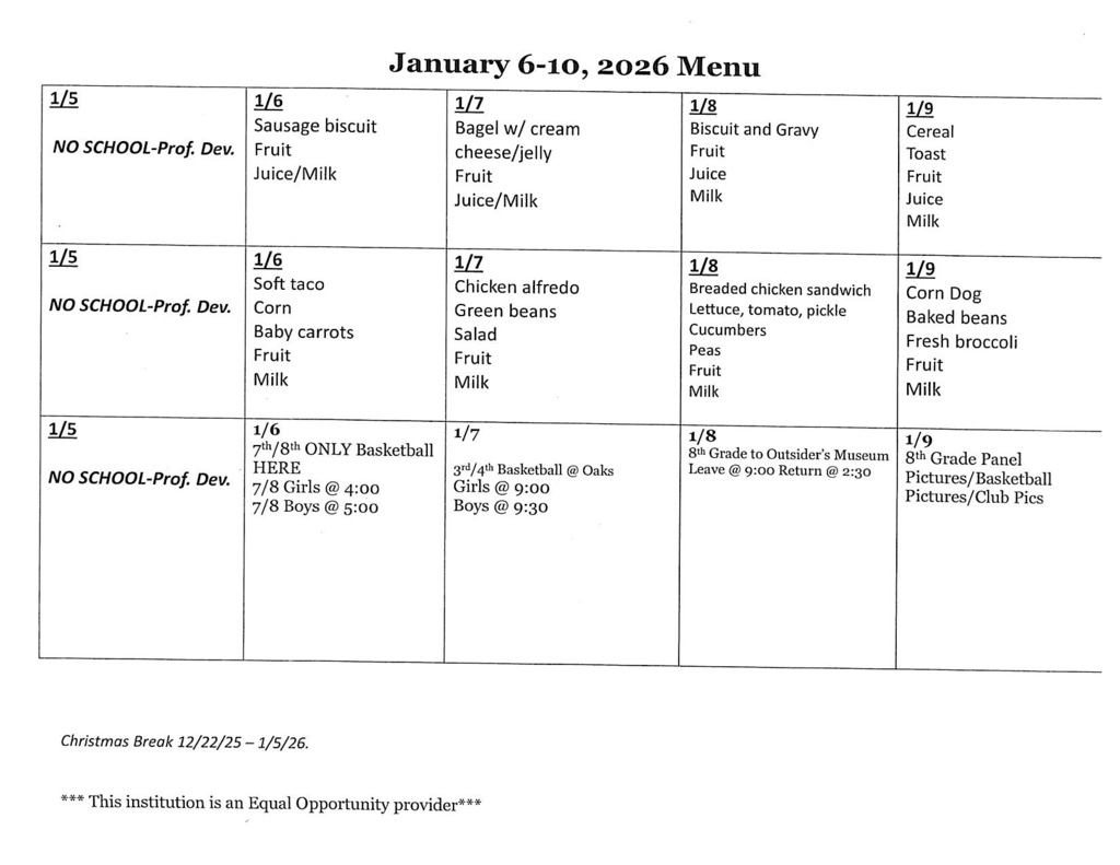 Jan. 5-9 Menu
