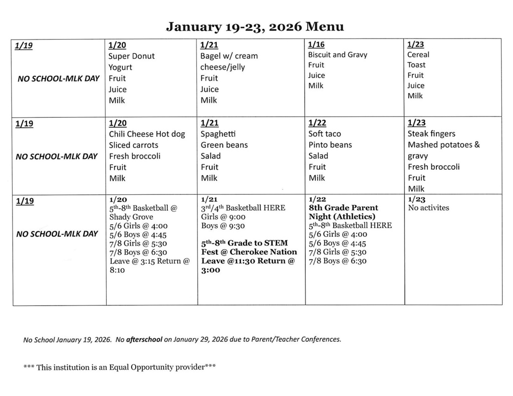 Jan. 19-23, 2026 Menu