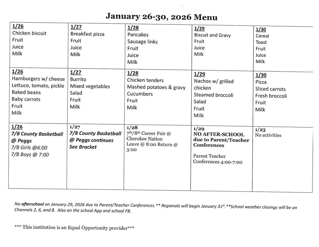 Jan. 26-30, 2026 Menu