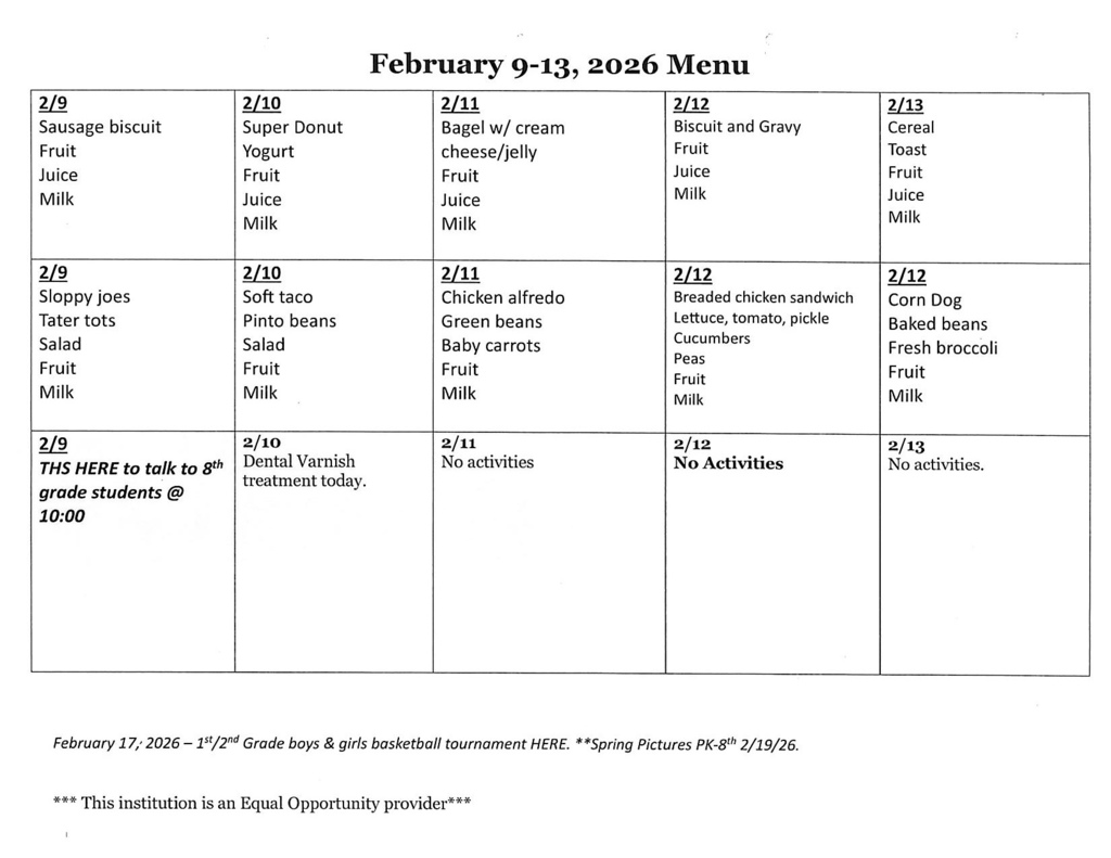 Feb 9-13, 2026 Menu