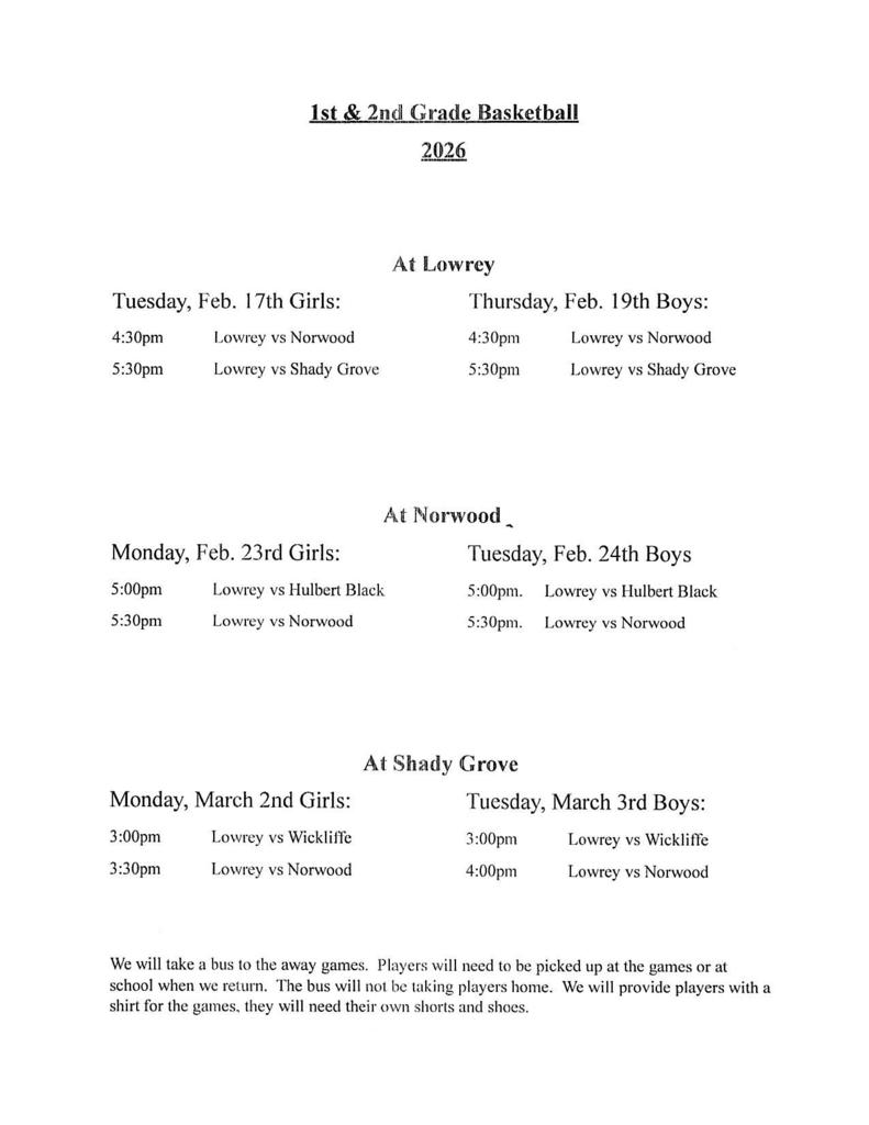 1st & 2nd Grade Basketball Bracket 2026