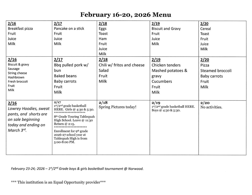 Feb. 16-20, 2026 Menu