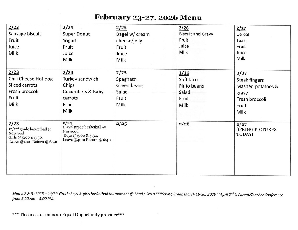 February 23-27, 2026 Menu