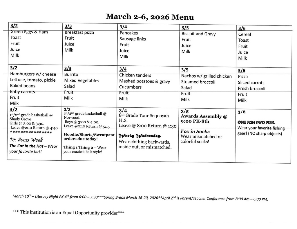 March 2-6 Menu, 2026