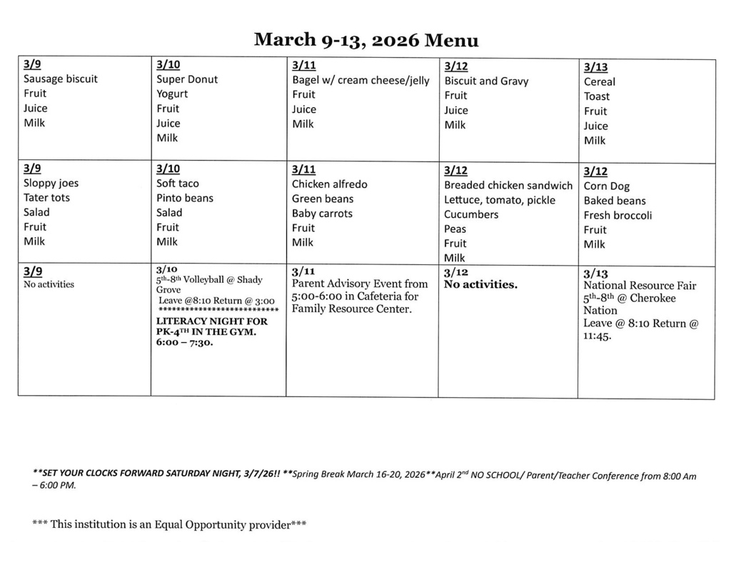 March 9-13, 2026 Menu