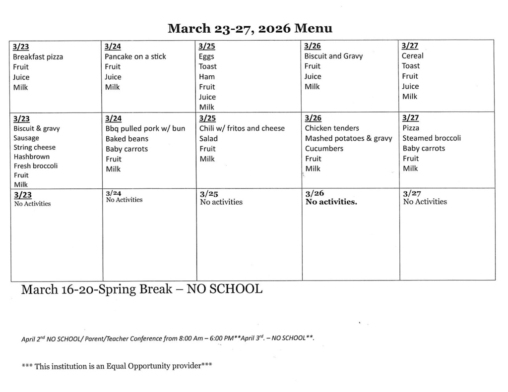 March 23-27, 2026 Lowrey School Menu.