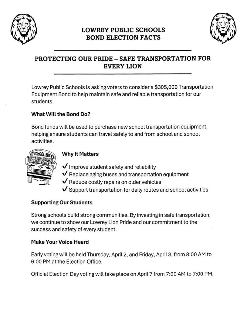 Information for the bus Bus Bond for the April 7th elections flyer.