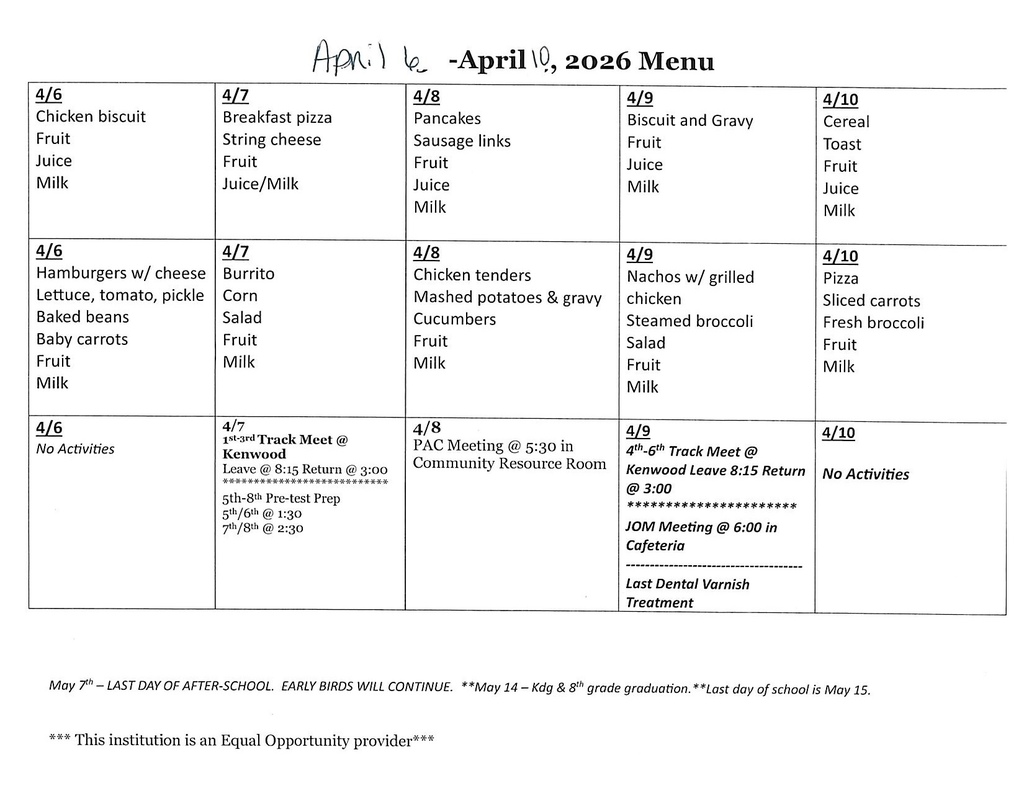 April 6-10, 2026 Menu & Activitiesfor Lowrey School