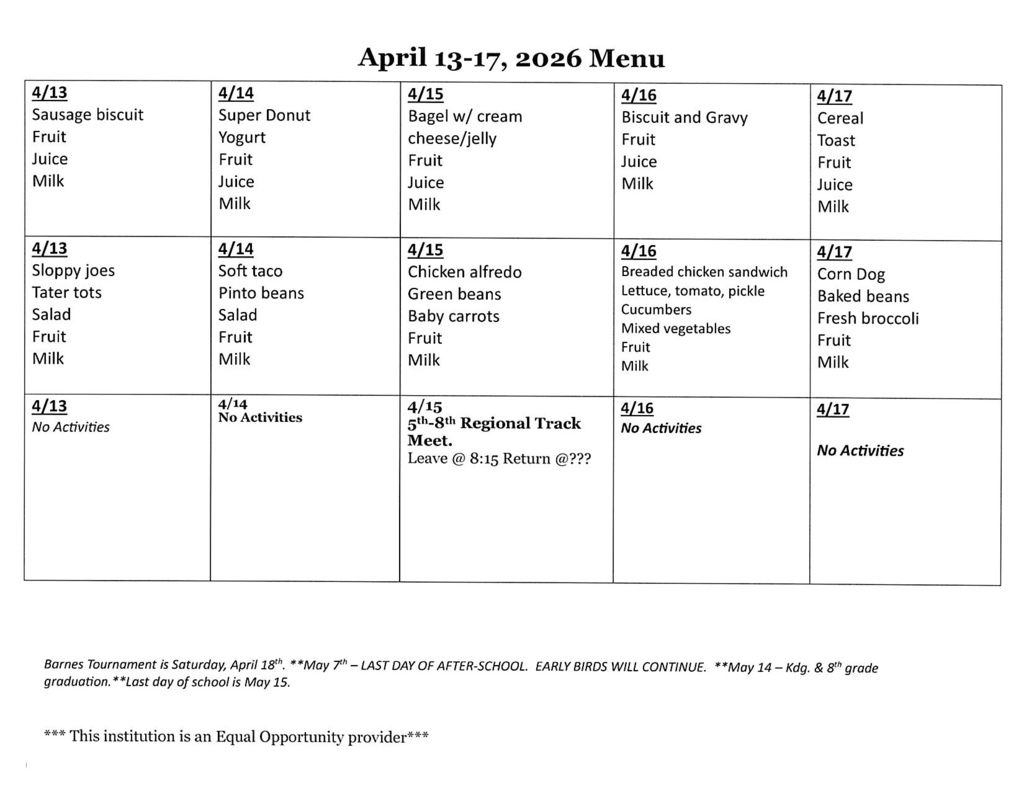 Lowrey Menu: and Activities , April 13-17, 2026.