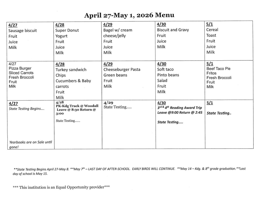 April 27-May 1, 2026 Lowrey School Menu and Activites for the week.