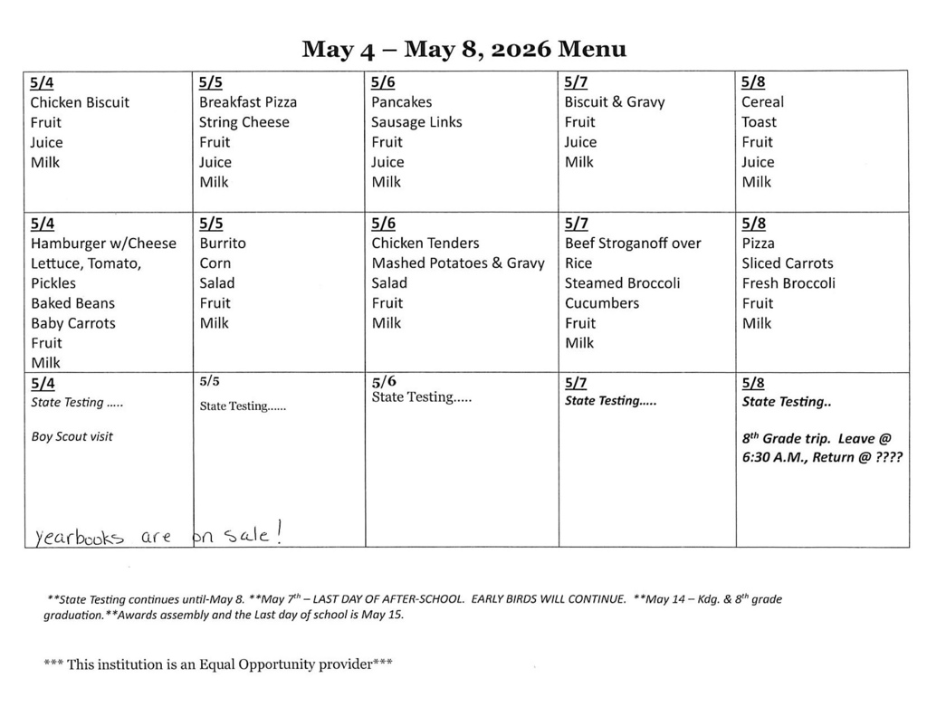 Lowrey Menu and activities for May 4th -May 8, 2026