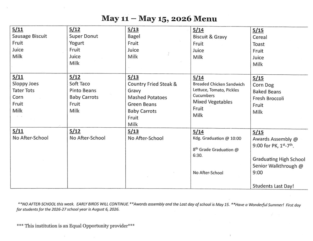 Week of May 11-15, 2026 Lowrey Menu and Activities.