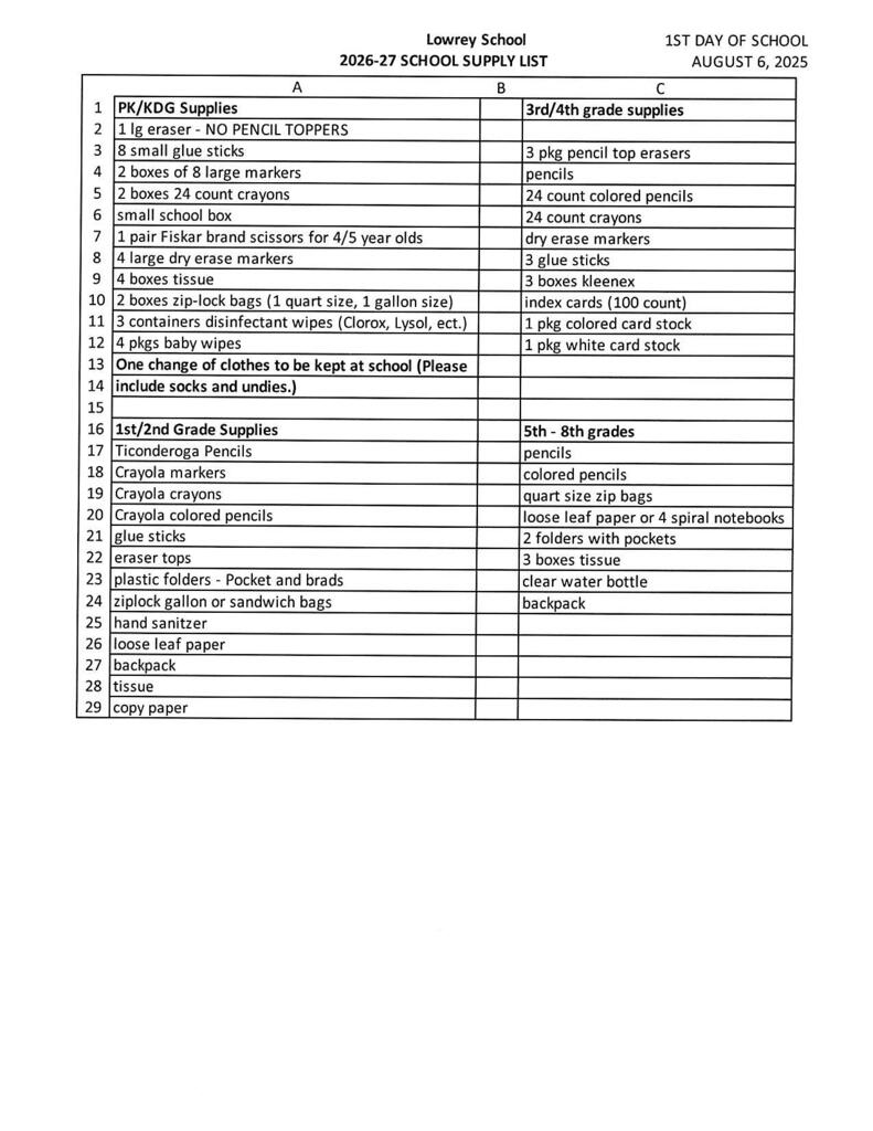 Lowrey 2026-27 School Supply List. First day of school August 6, 2026. Open House is August 5, 2026.